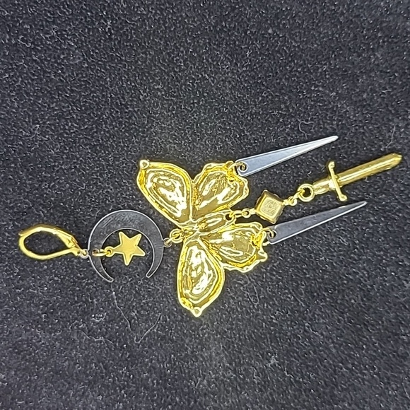 Butterfly Earrings Gold Tone Black Dagger Moon Star Crystal Statement Long New - Picture 4 of 6